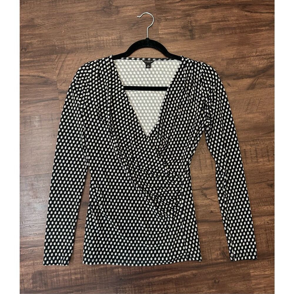 Ann Taylor Black White Polka Dot Wrap Blouse, Sz XS